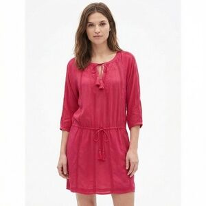 GAP FACTORY Boho Embroidered Dress Drop Waist Tassel Ties at Neck Dark Pink Sz M